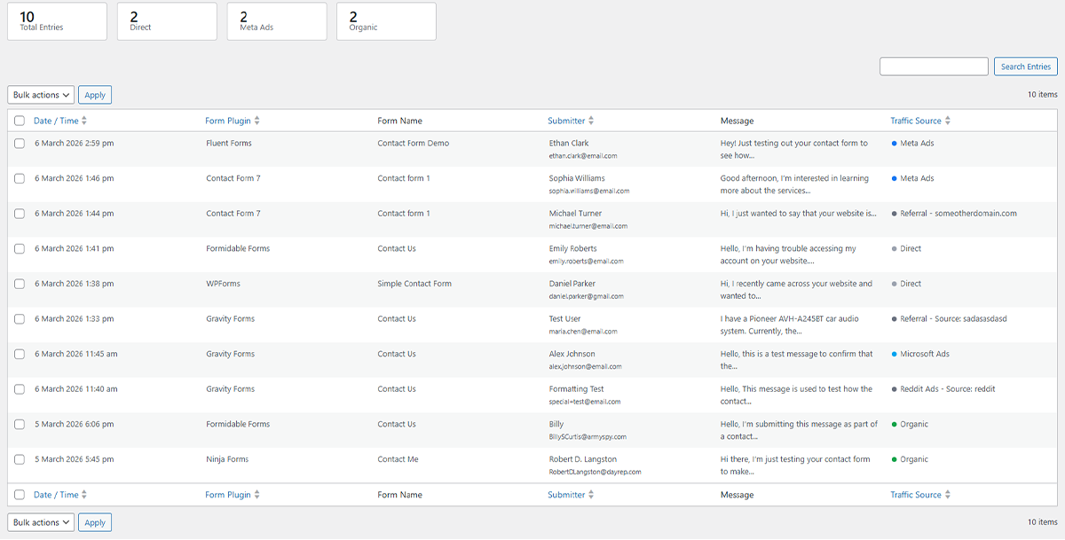 LeadSourcePro dashboard showing leads with colour-coded traffic source badges for Google Ads, Meta, organic search, and direct traffic